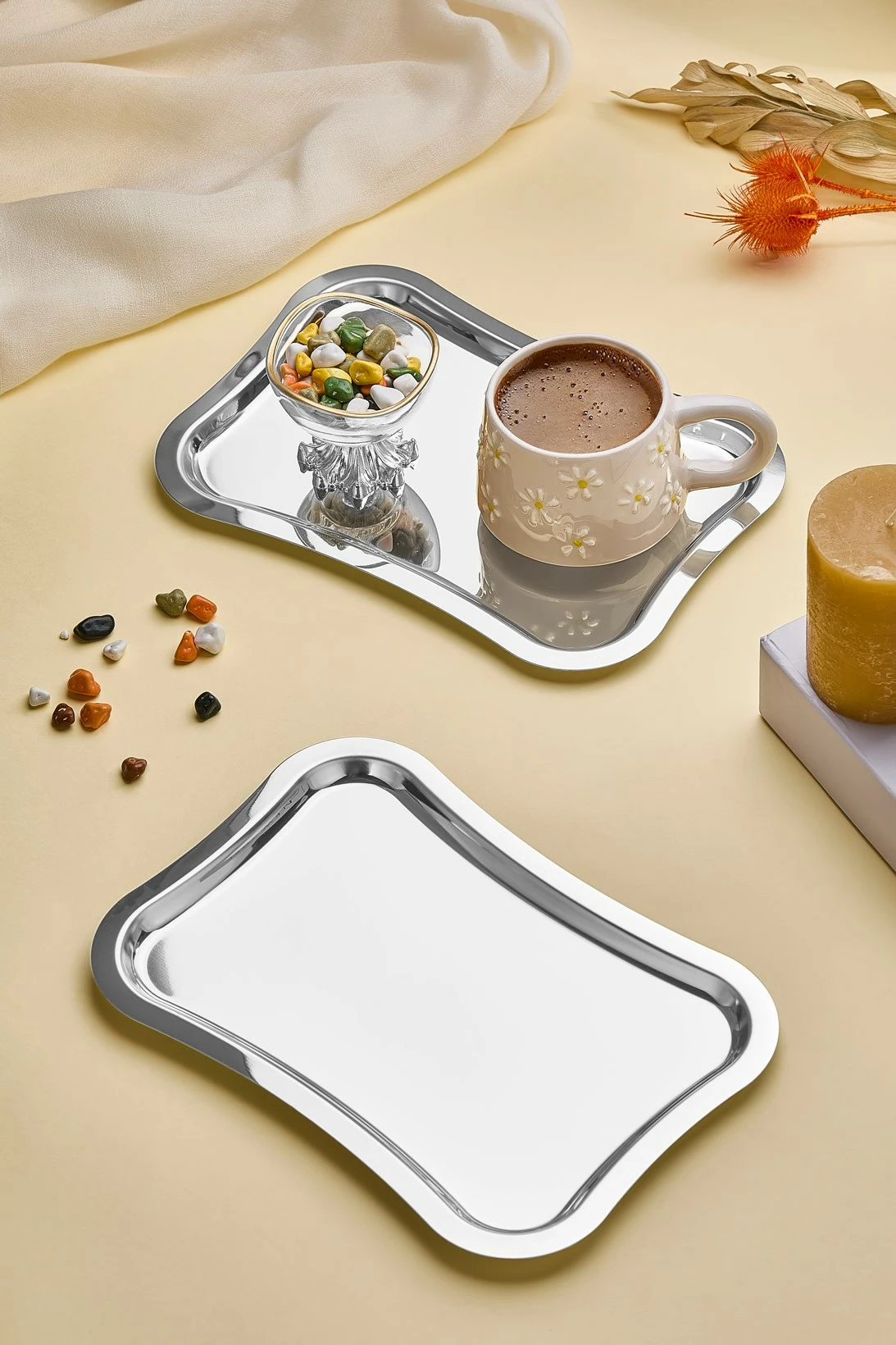 Set tabakash shërbyese prej çeliku inoksi, ngjyrë argjendi, 6 copë, Hermia, 25x15cm