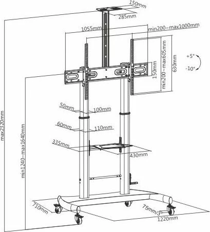 Mbajtëse TV mobile Techly ICA-TR36 60\"-100\", rregullim lartësie, VESA deri 1000x600, e zezë
