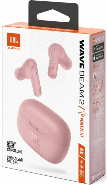 Kufje JBL Wave Beam 2, True Wireless, Bluetooth 5.3, ANC, 4 mikrofona, IP54, deri 40h, me kuti karikimi, rozë
