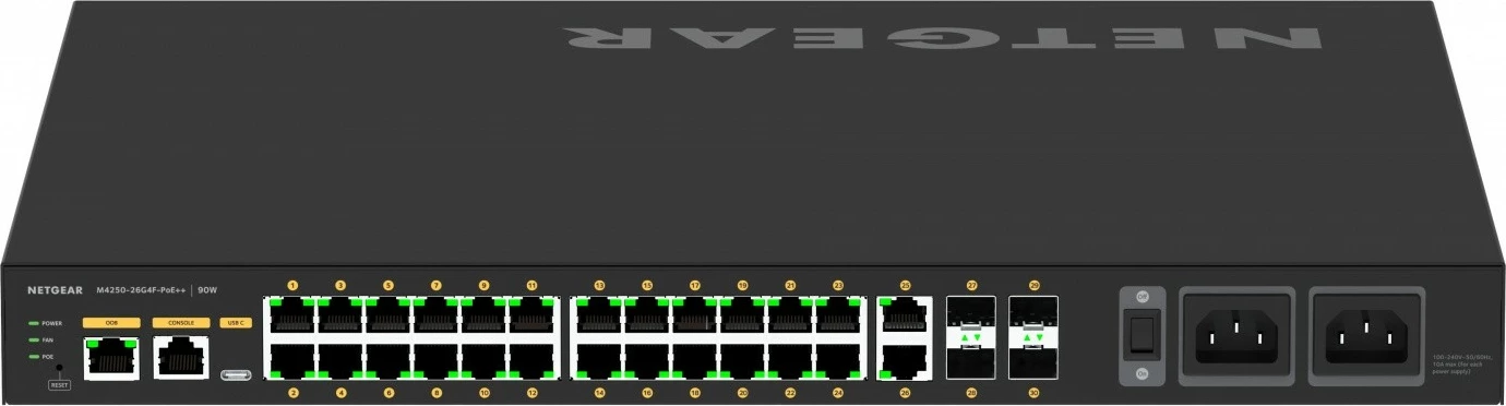 Switch Netgear M4250-26G4F-POE++ GSM4230UP-100EUS, 24x1GbE PoE++ (1440 W), 2x1GbE, 4xSFP, i zi