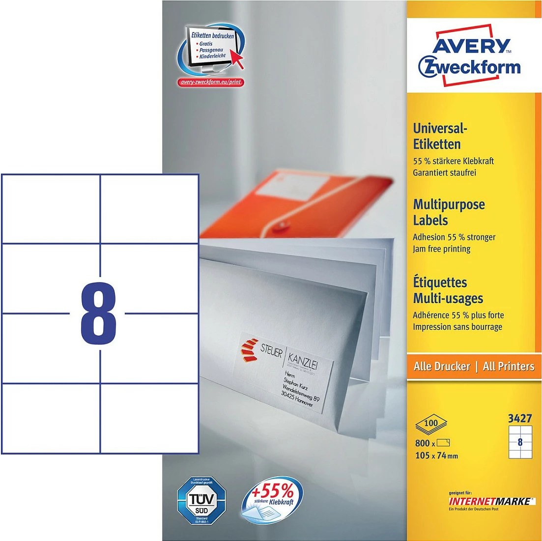 Etiketa printeri AVERY Zweckform 3427, 105 x 74 mm, 800 copë, të bardha