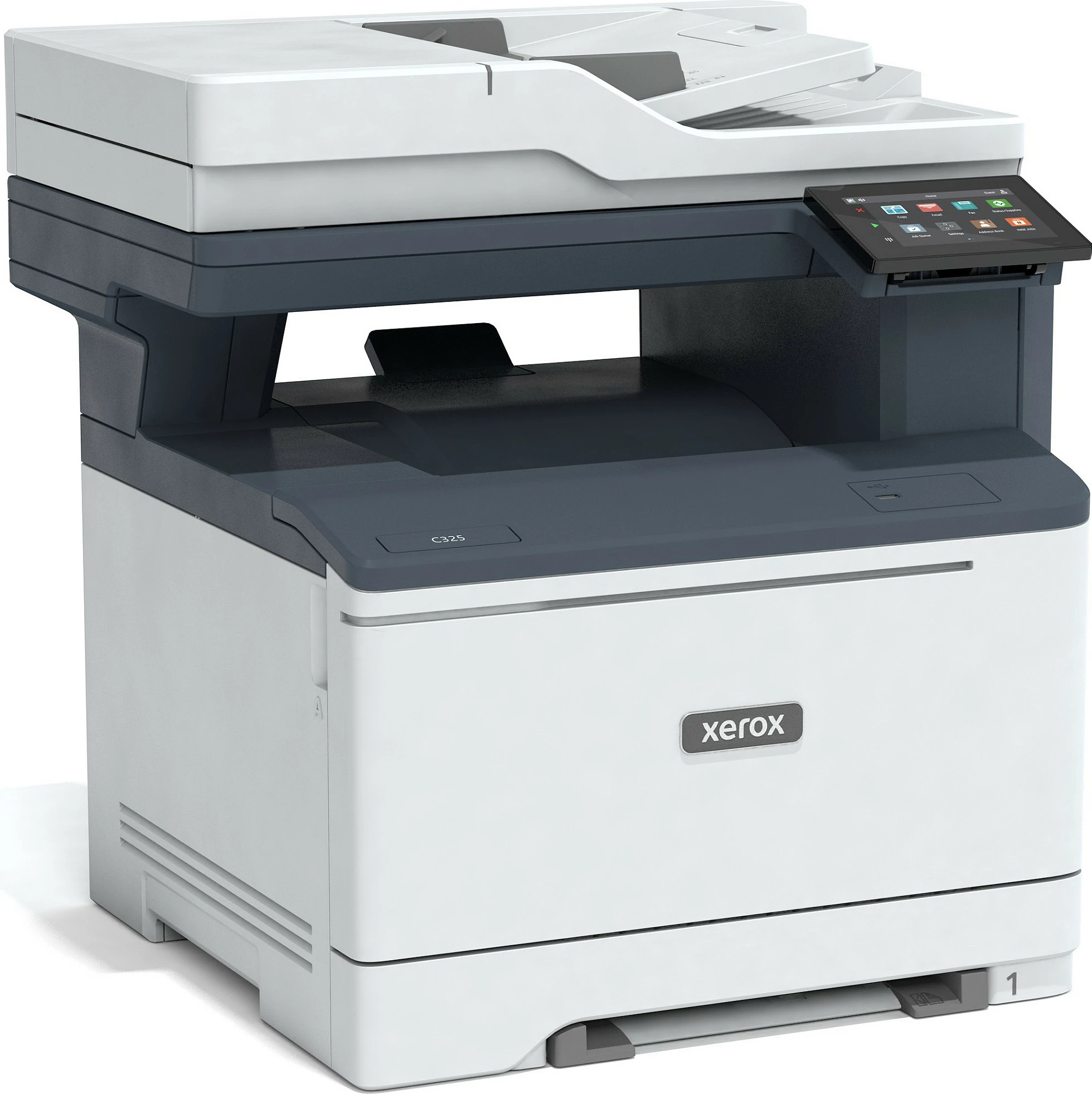 Printer multifunksional lazer me ngjyra Xerox C325, A4, 33ppm, Wi‑Fi, duplex, ADF, 2 tabaka, gri/bardhë