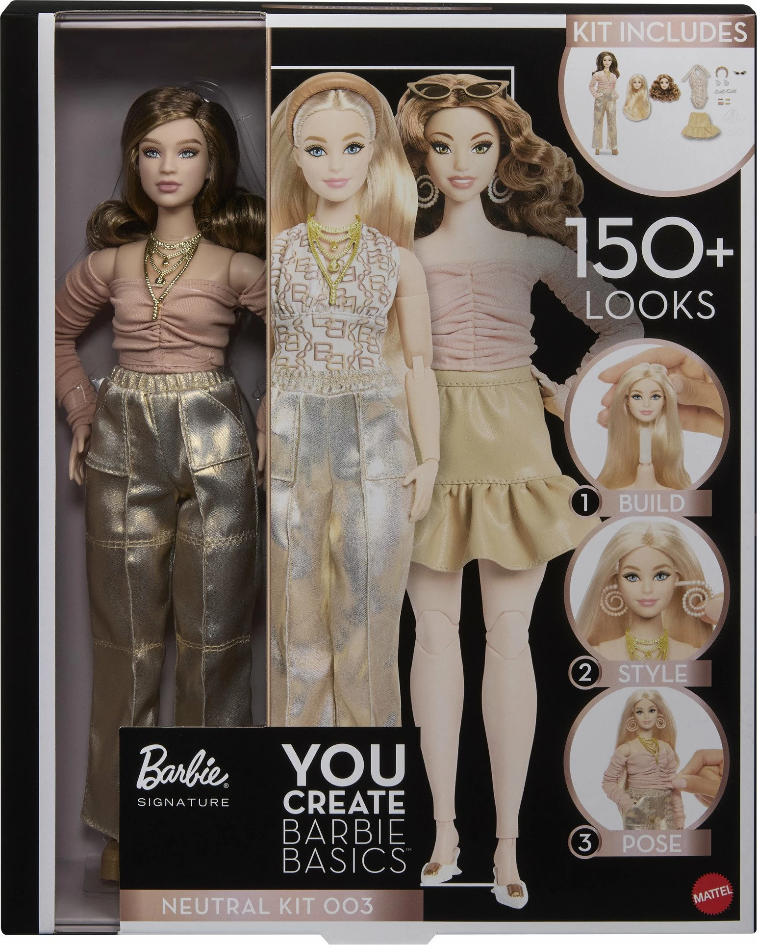 Kukull Barbie Mattel You Create Barbie Basics Neutral Set 003 JJX37 me 2 koka ndërruese, 4 veshje, 2 palë këpucë, 6 aksesorë, Made to Move, ngjyra neutrale