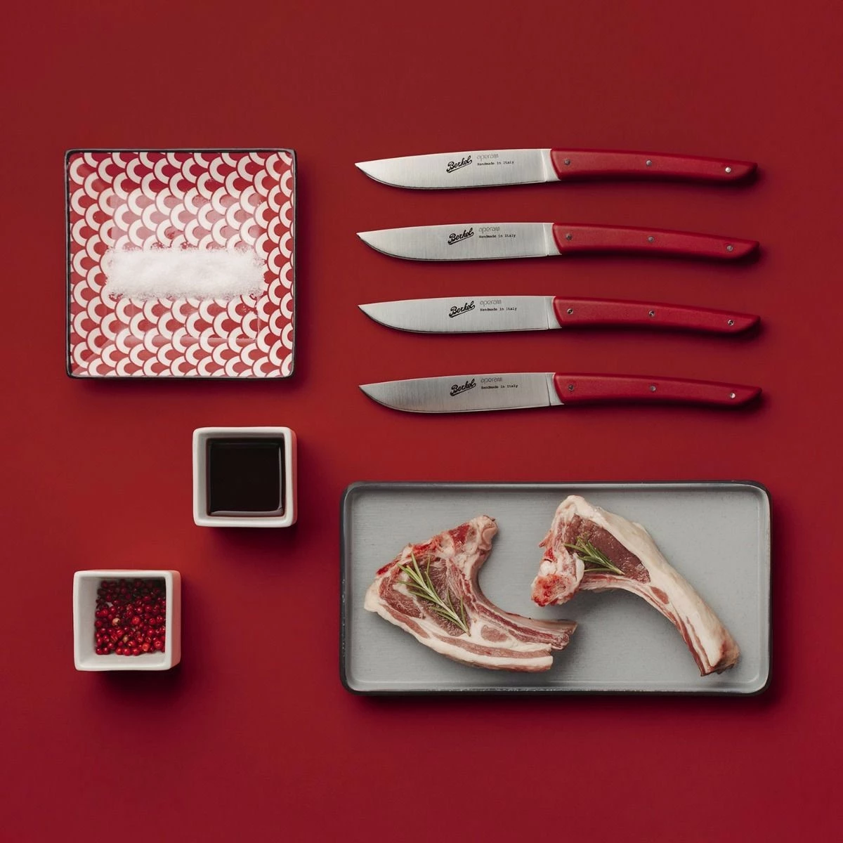 Set thika steak Berkel 4 copë, çelik inox, dorezë e kuqe