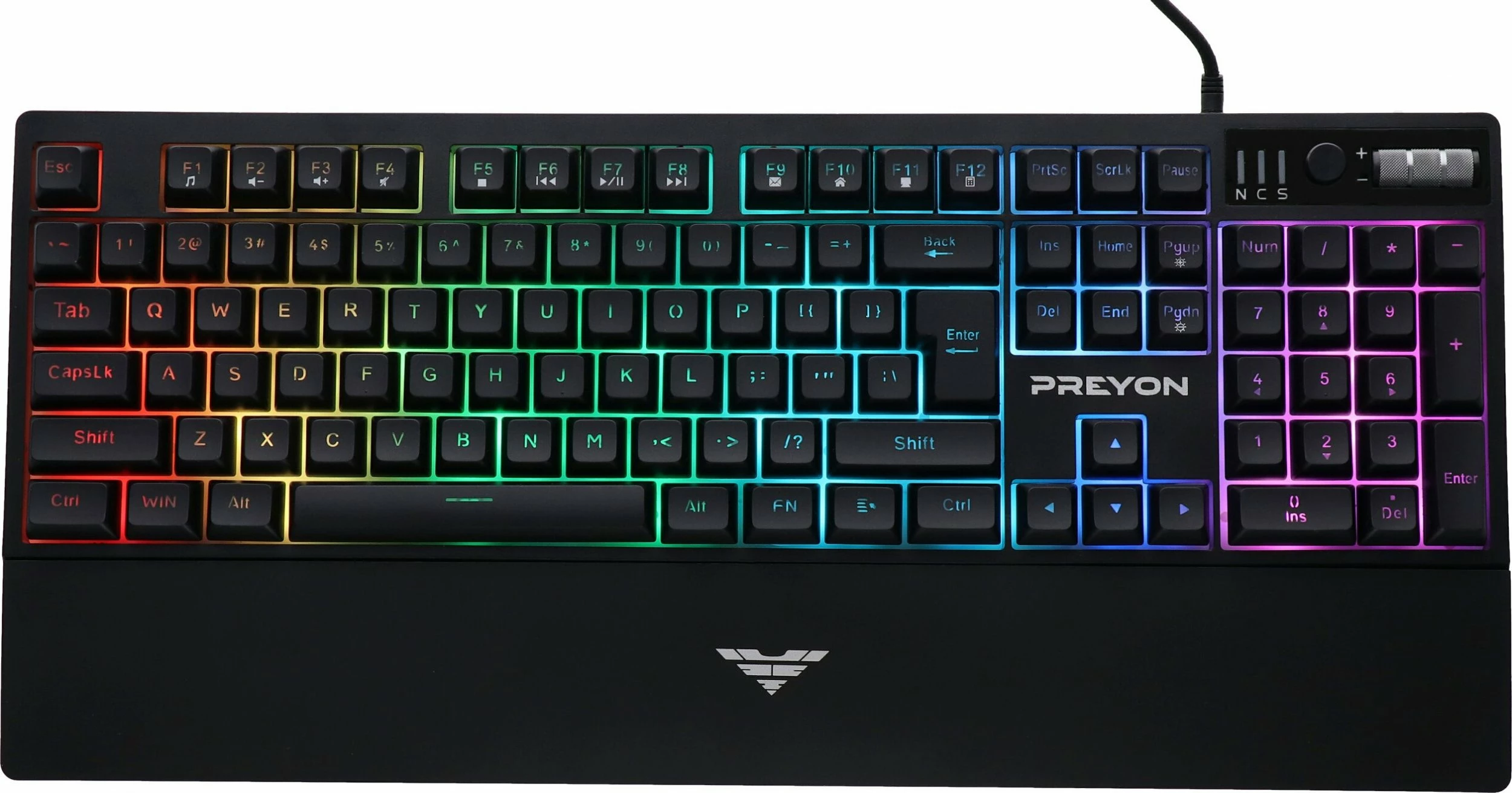 Tastierë gaming PREYON Long Claw Alpha PLCA104B, 100%, membranë, RGB, USB me kabllo, layout US, me mbështetëse dore magnetike, e zezë