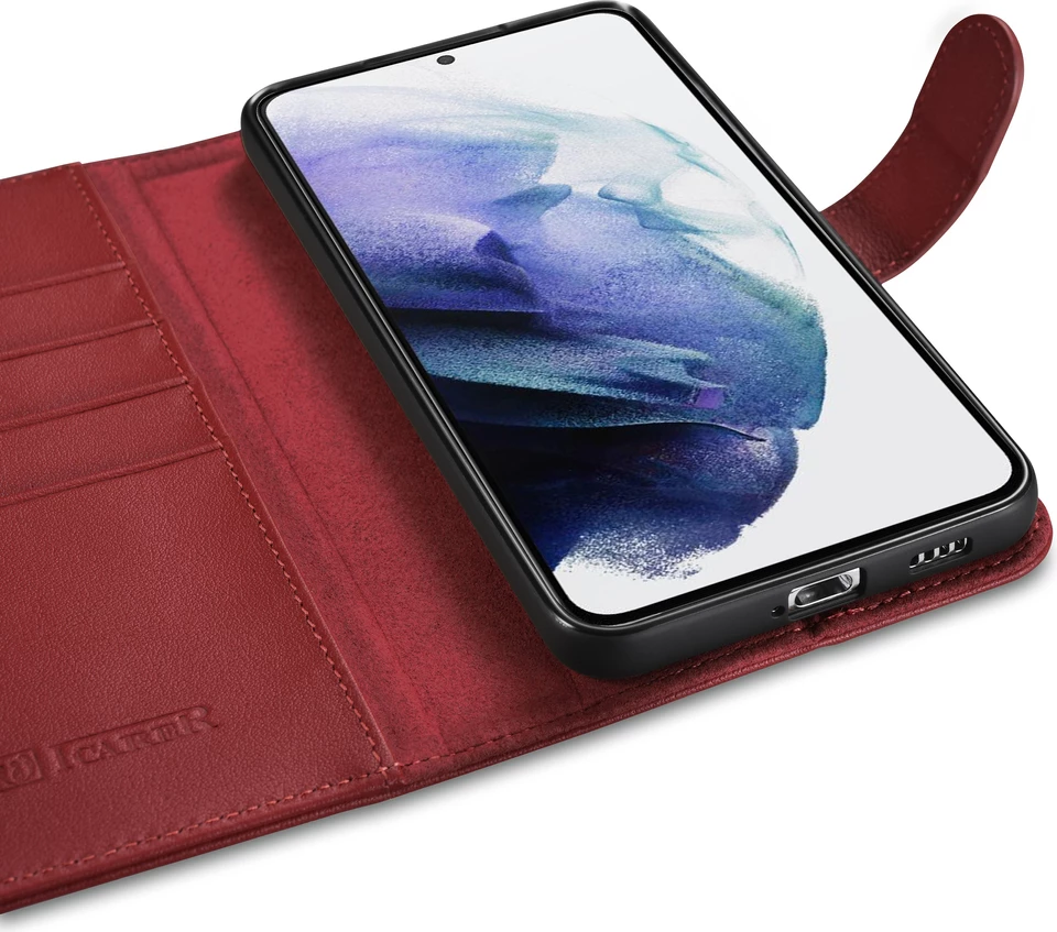 Mbështjellës lëkure iCarer Haitang për Samsung Galaxy S22+, me portofol dhe qëndrim, Kuq