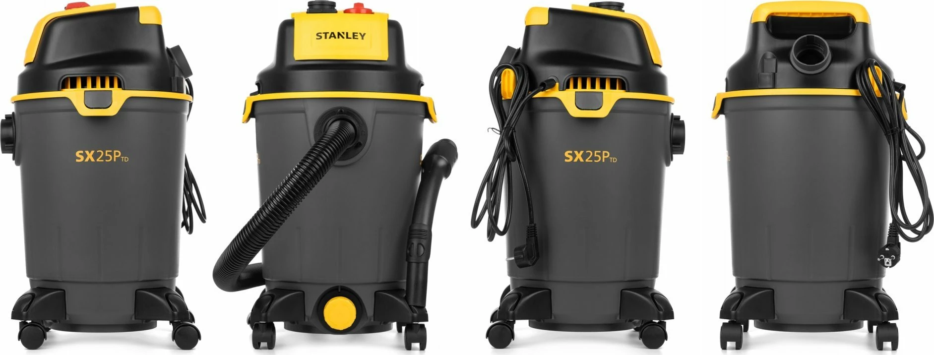 Fshesë me korrent industriale Stanley SXVC25PTDE 25L 1200W wet/dry, HEPA, prizë për vegla 2000W, funksion blower, e zezë/verdhe, set aksesorësh