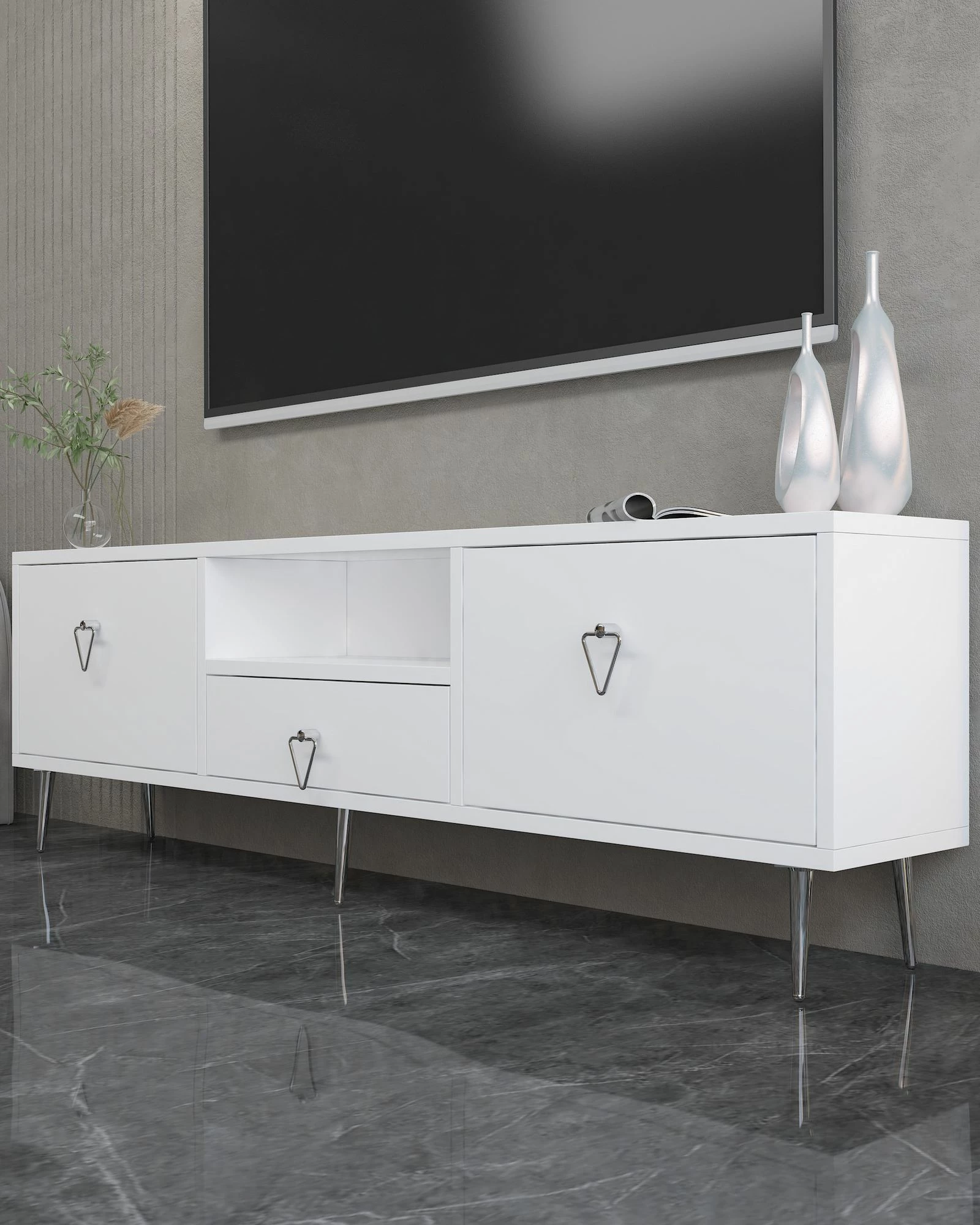 Komodë TV Skye Decor, 1306-DROP-1, e bardhë, argjend