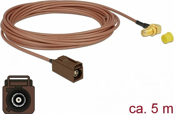Kabllo antene DeLOCK 89683, RG-316, 5 m, FAKRA F (female) në SMA (female) këndore, 50 Ω, 2.4 GHz, kafe/zezë/artë/verdhe
