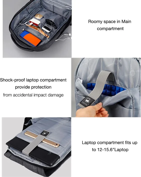 Çantë shpine për laptop Tigernu Crater 16\", 16L, me USB, najlon rezistent ndaj ujit, gri
