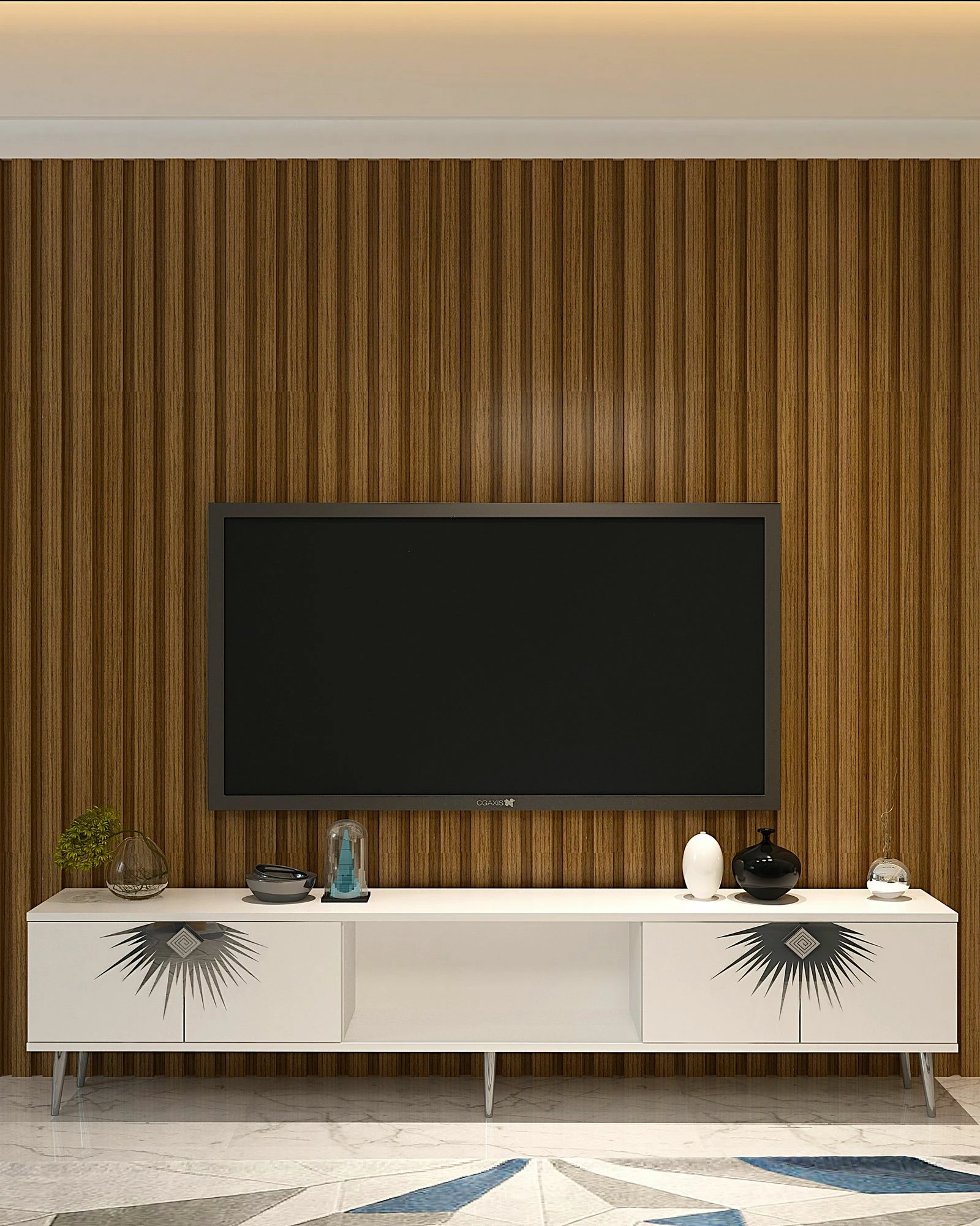 Komodë TV Skye Decor, e bardhë, argjend