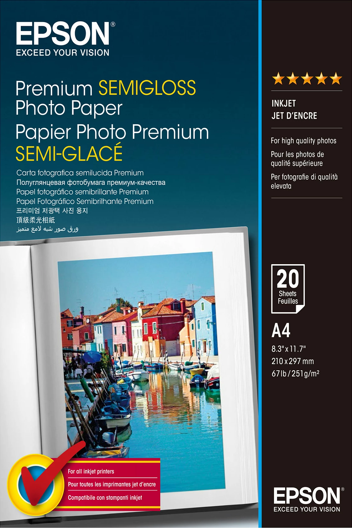 Letër foto Epson Premium Semigloss A4, 20 fletë, 251 g/m², e bardhë