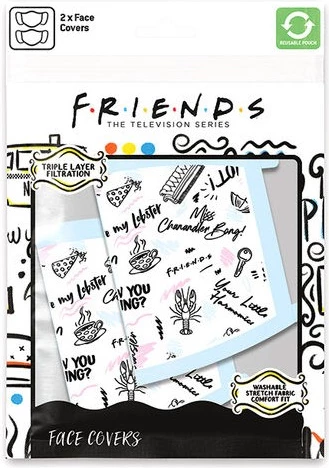 Maskë fytyre Pyramid FRIENDS (Phrases), pambuk 100%, e ripërdorshme, pako 2 copë, e bardhë me bordurë blu të hapur