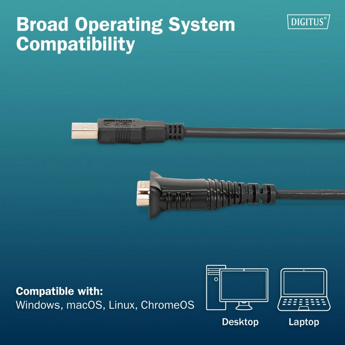 Kabl adapter USB 2.0 në RS232 (DB9) Digitus DA-70172, 1.8m, FTDI FT232RNL, i zi