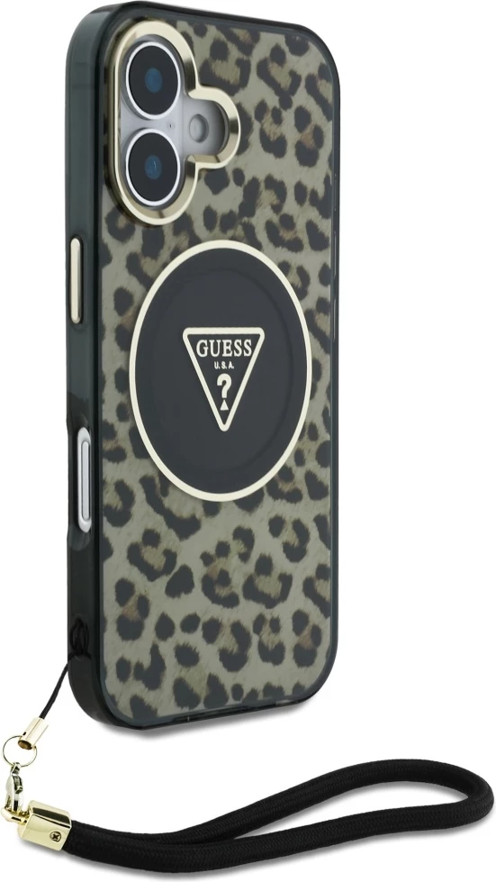 Mbështjellës Guess HC IML Leopard Triangle Cord Strap për iPhone 16, MagSafe, Kafe
