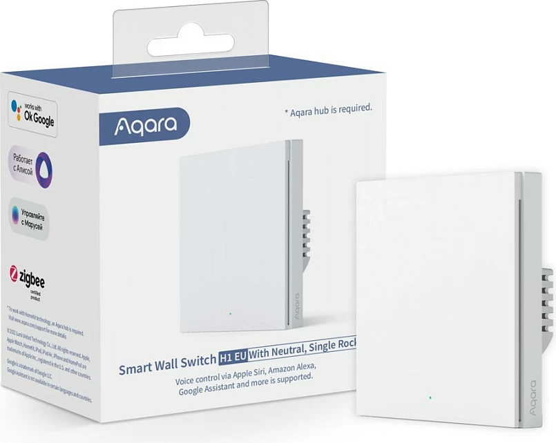 Switch muri smart Aqara H1, ZigBee, me Neutral, 1 buton, HomeKit, i bardhë