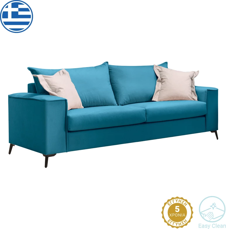 Divan Verona 3-ulës, pëlhurë petrol me jastëkë bezhë 225x93x100cm