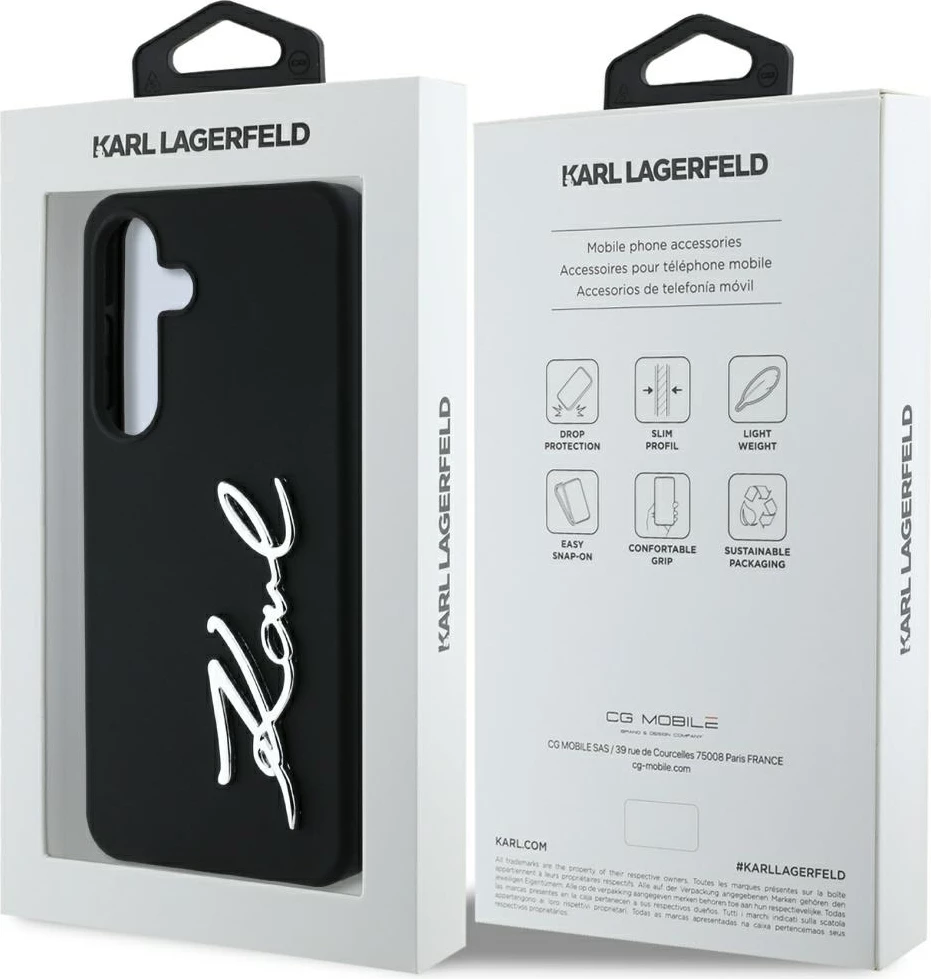 Mbështjellës Karl Lagerfeld Silicone Metal Signature Logo për Samsung Galaxy S25, i zi