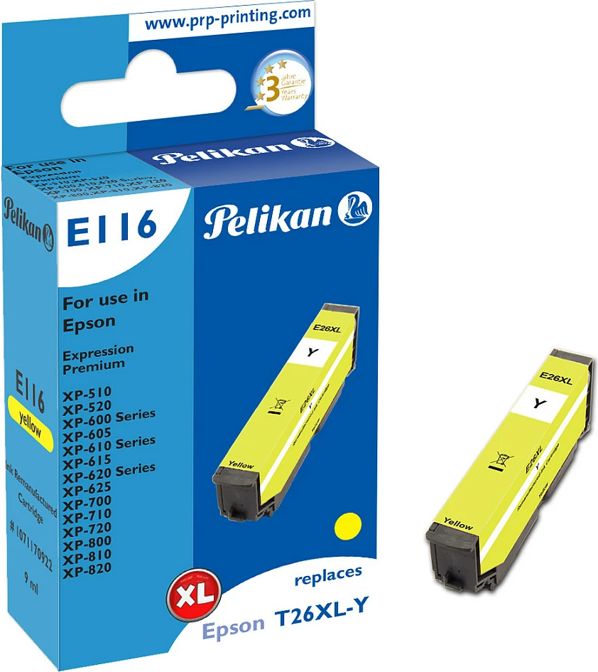 Kartrigj boje Pelikan EI16, kompatibil për Epson 26XL (T26XL-Y), XL 9 ml, e verdhë