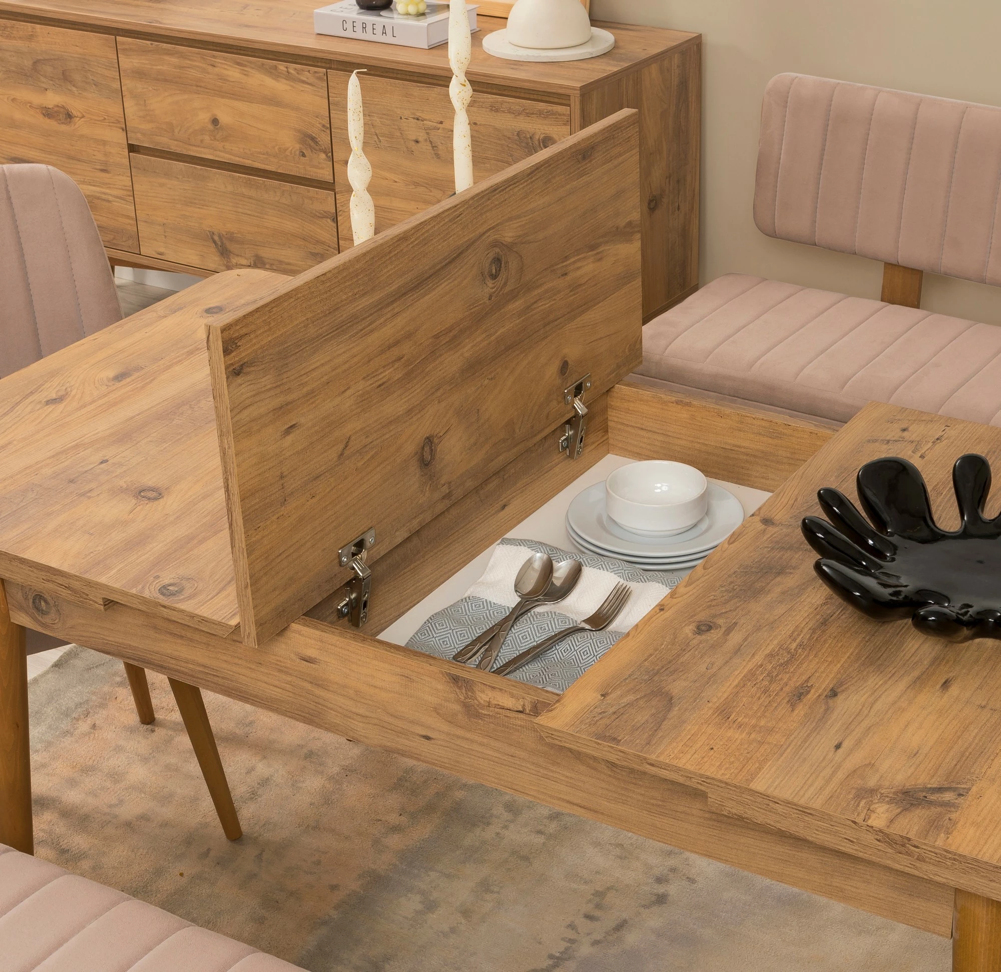 Tavolinë me karrige zgjatëse (6 copë), Hanah Home, Vina - ngjyrë lis Atlantik, Stone