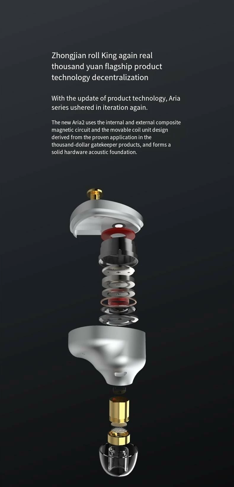 Kufje in-ear Moondrop Aria 2, 3.5mm, 0.78mm 2-pin, 1.2m, semi-open, 33Ω, argjendtë/gri