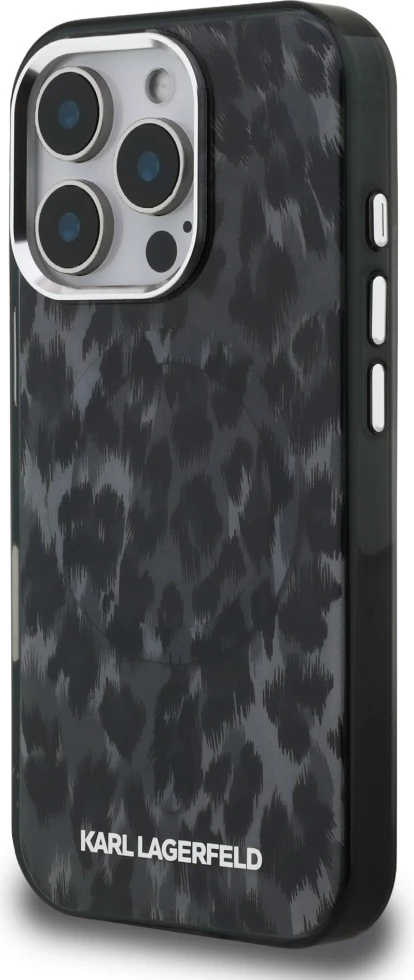 Mbështjellës Karl Lagerfeld IML Leopard Pattern MagSafe për iPhone 16 Pro, i zi, me kuti