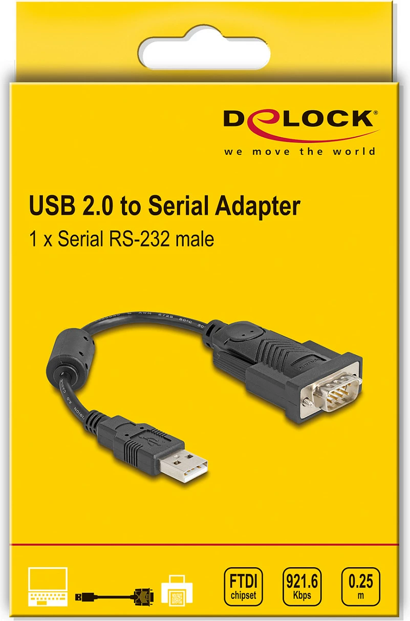 Adapter DeLOCK USB Type-A në Serial RS-232 DB9 9-pin, 0.25 m, me ferrit, i zi