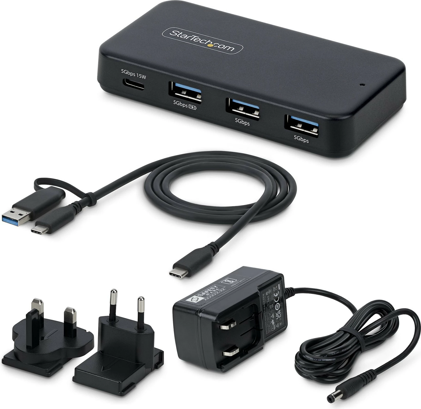 Hub USB StarTech 4-Port USB-C/USB-A, 5Gbps, vetë-furnizues, adapter 36W, i zi