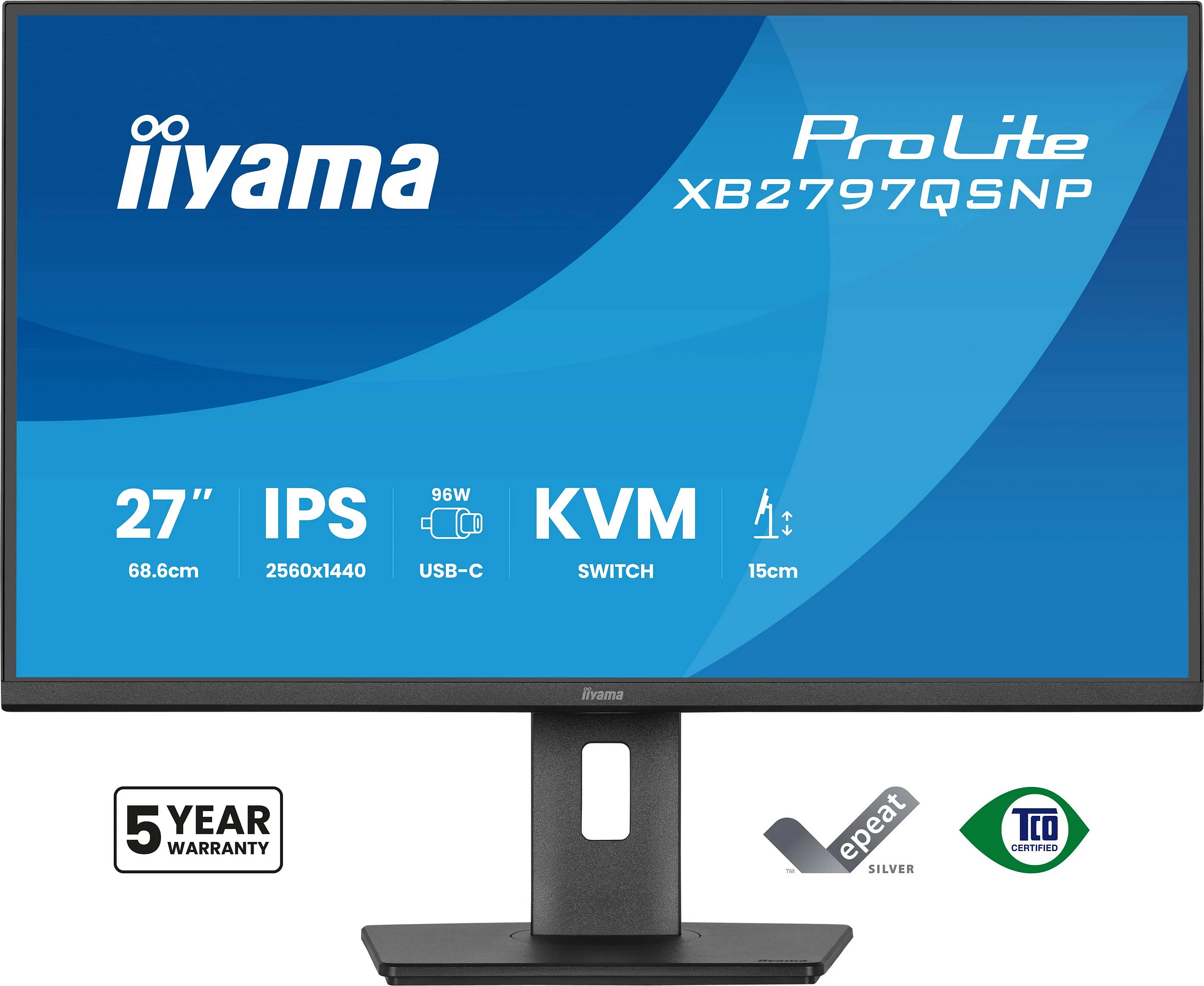 Monitor iiyama ProLite XB2797QSNP-B1, 27" IPS QHD 2560x1440, FreeSync, USB-C 96W, KVM, e zezë