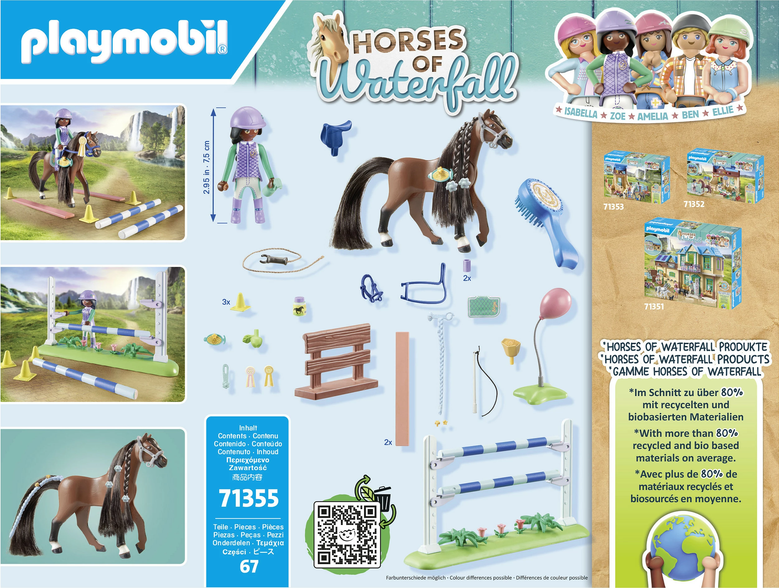 Set lodrash Playmobil 71355 Horses of Waterfall Zoe & Blaze, parcours turniri, 67 copë, shumëngjyrësh