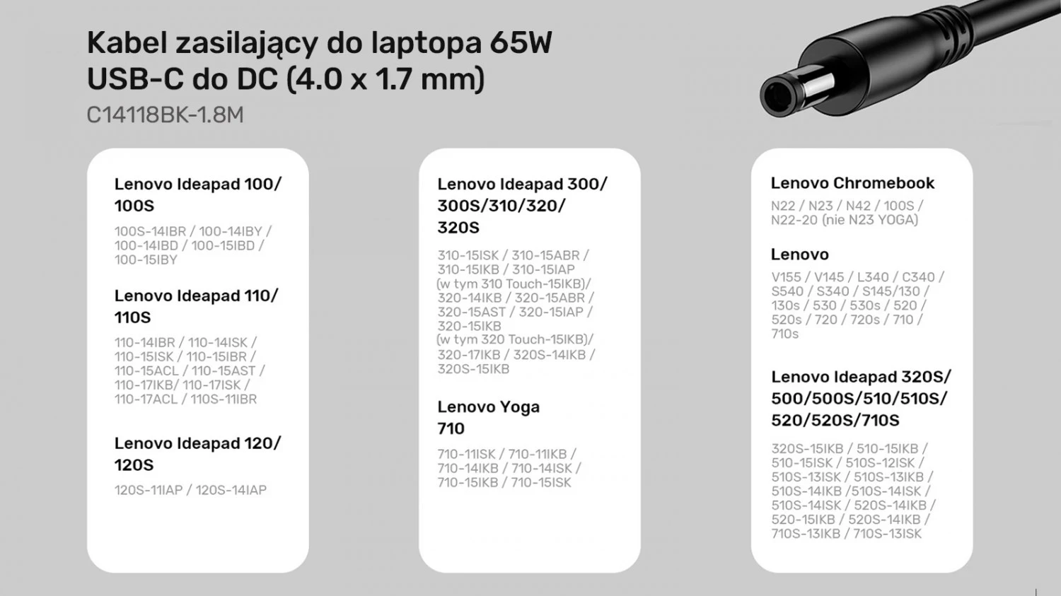 Kablli i Energjisë për Lenovo Unitek, 65W USB-C - DC4,0mm, ngjyrë e zezë