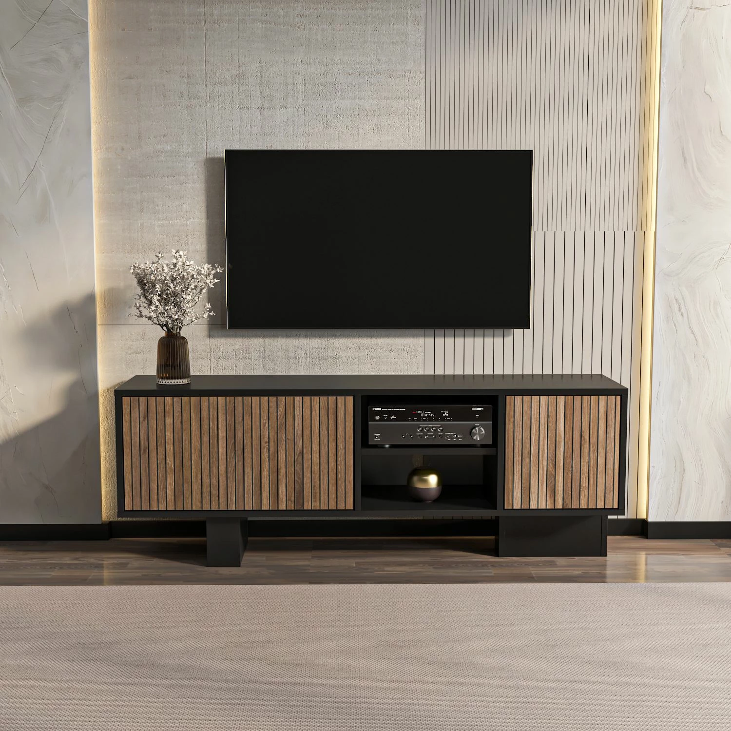 Komodë TV Skye Decor, ngjyrë monako, e zezë dhe kafe