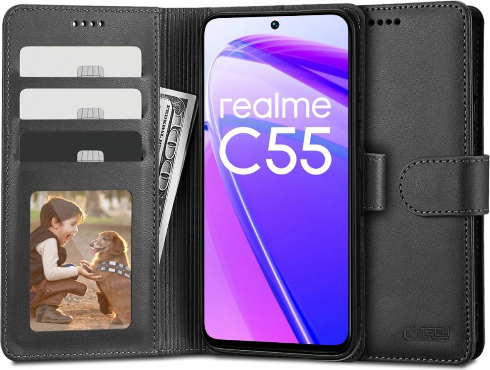 Mbështjellës Tech-Protect Wallet për Realme C55, eko-lëkurë, i zi