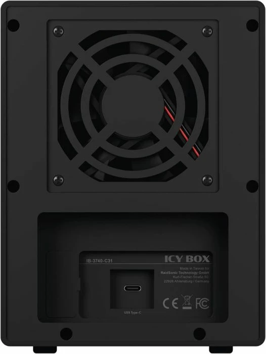 Kasë e jashtme 4-bay për HDD/SSD ICYBOX IB-3740-C31, USB-C USB 3.2 Gen 2 10Gbps, SATA 2.5\u201d/3.5\u201d, SINGLE/JBOD, me ventilator 80mm, e zezë, set