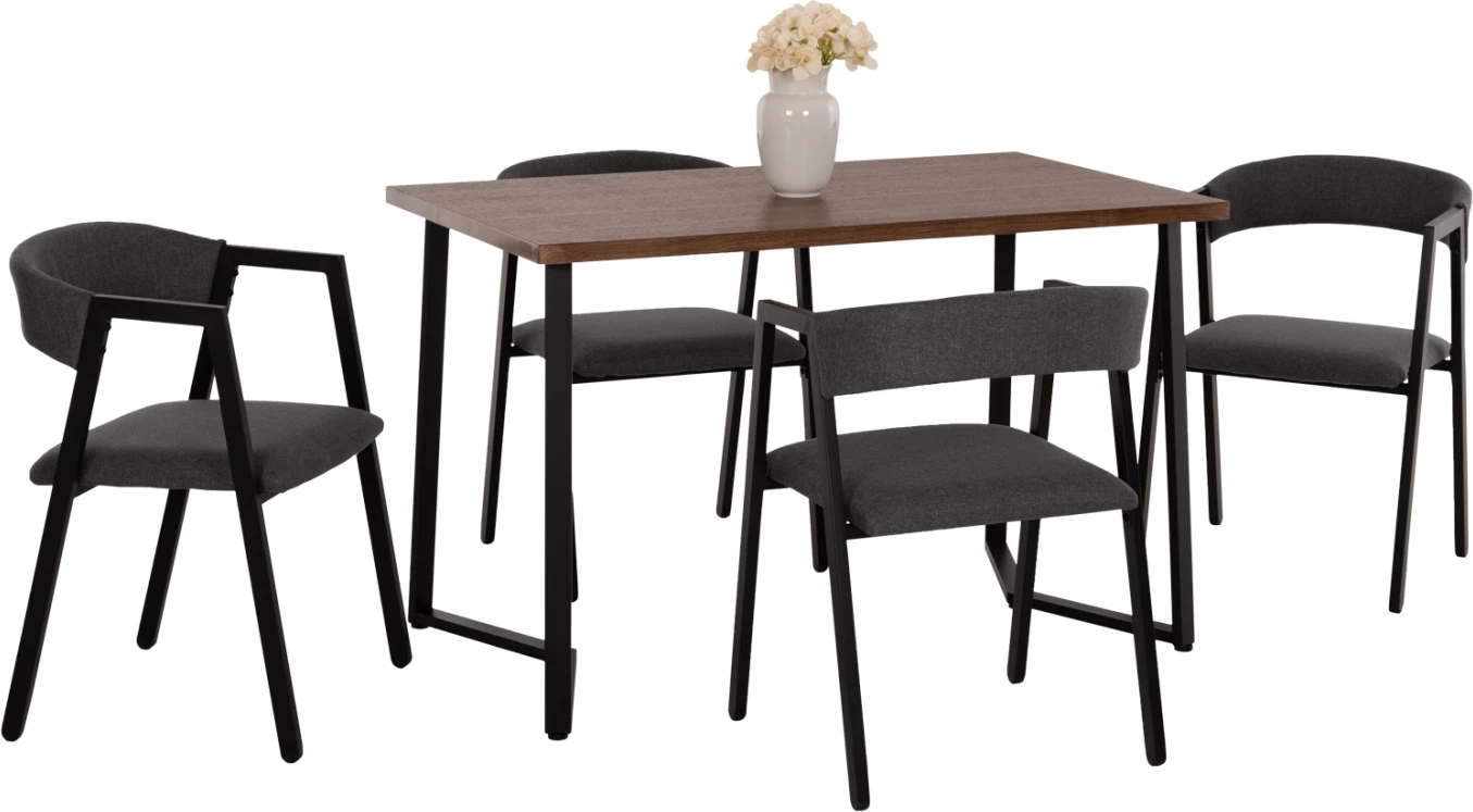 Set për ngrënie JAY 5 pjesë, FH9529.01, tavolinë ngjyrë arre, karrige me pëlhurë gri, 120x70x76 cm