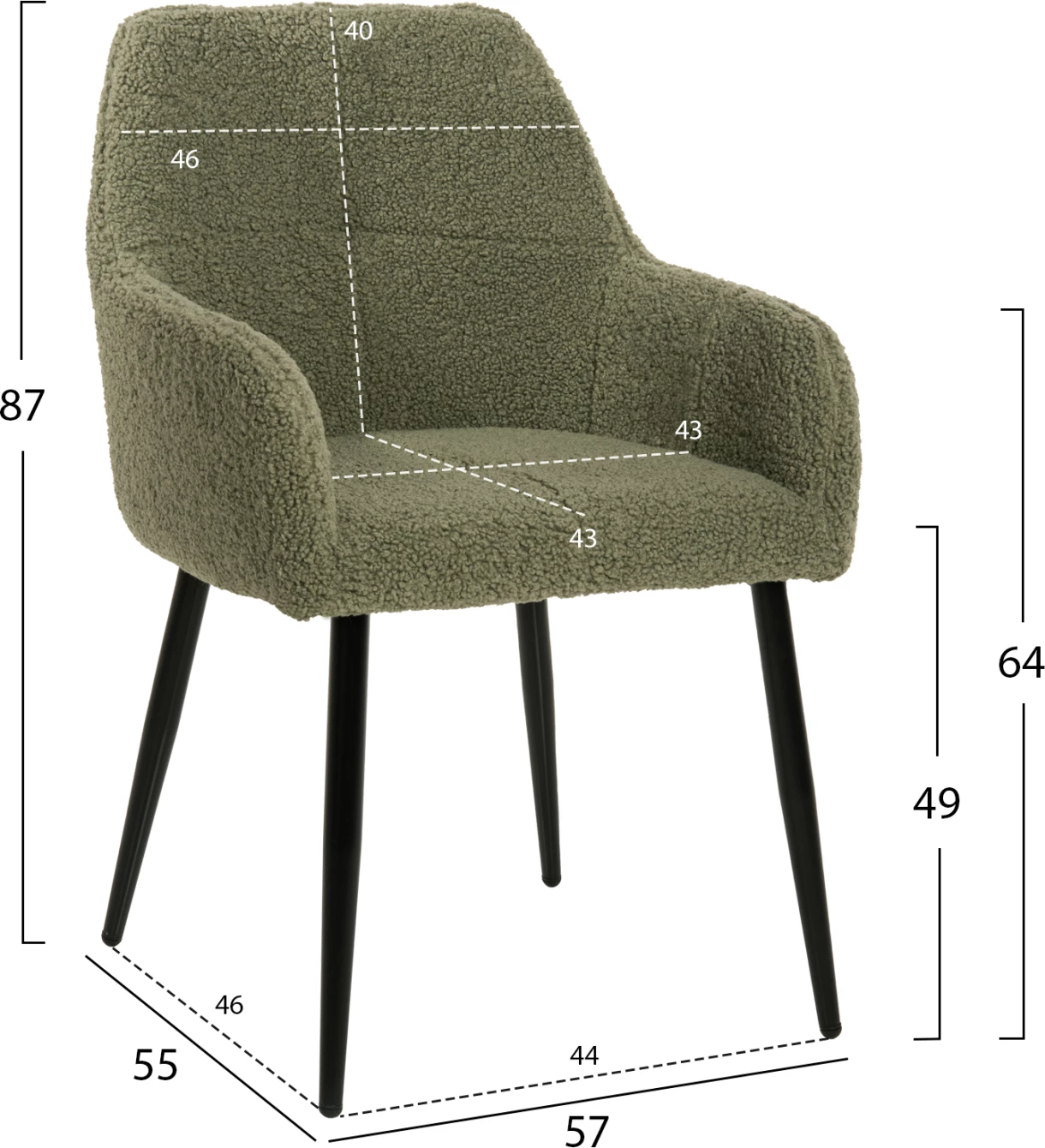 Karrige SHELLY FH8591.03 me pëlhurë TEDDY në ngjyrë fistik- këmbë metalike të zeza 57x55x87Hcm., set prej 2 copë