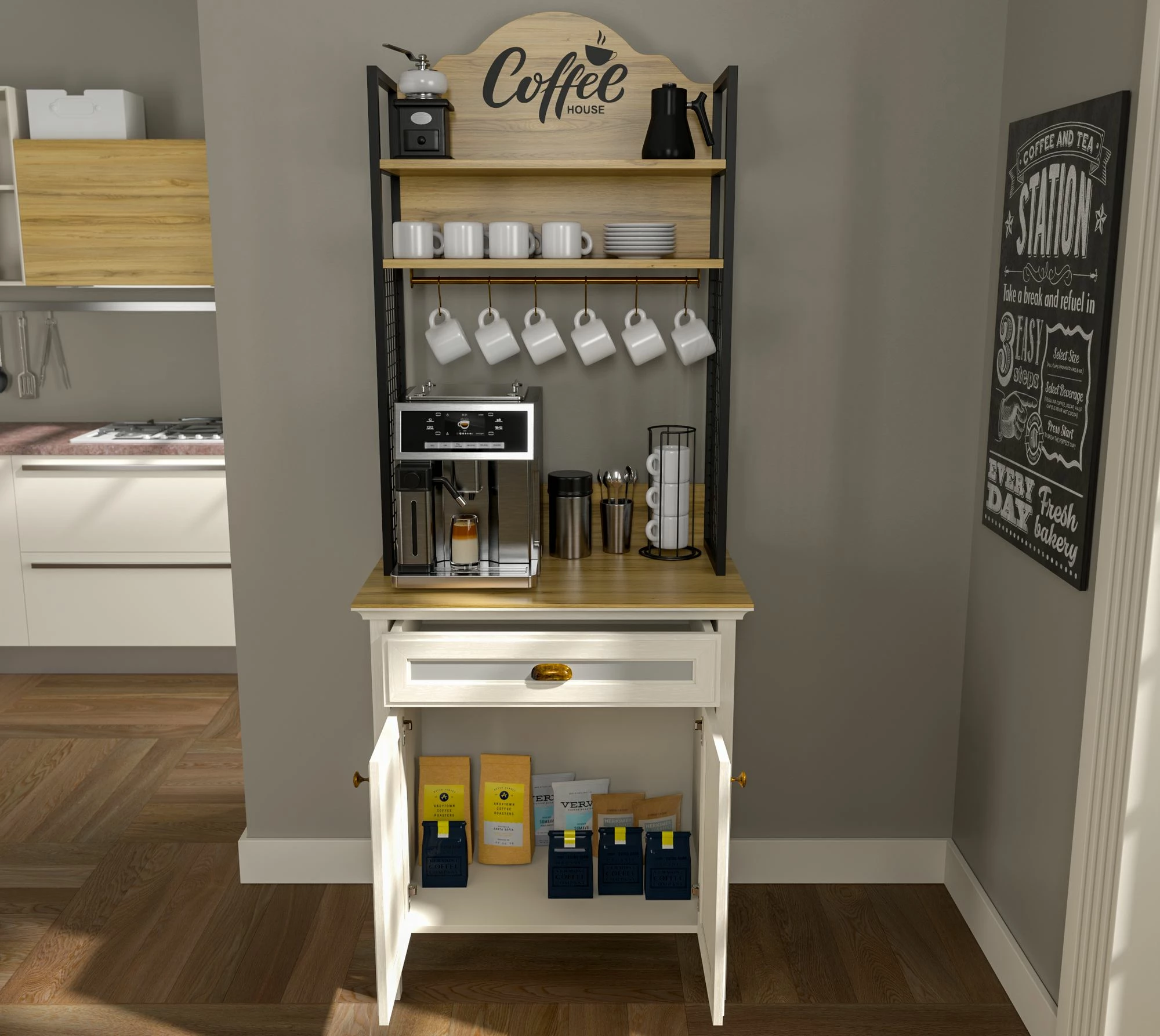 Dollap për kafe, ngjyrë krem, lisi, e zezë, Skye Decor, FRN-21028