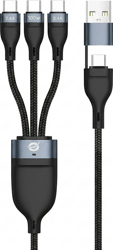 Kabllo karikimi dhe të dhënash Conceptronic ETTA06B15C 3-në-1, 100W PD, 1.5m, USB-A/USB-C në 3x USB-C, e zezë