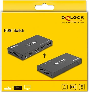 HDMI Switch DeLOCK 3x HDMI IN 1x HDMI OUT, 8K@60Hz, 48 Gbit/s, metal, zi