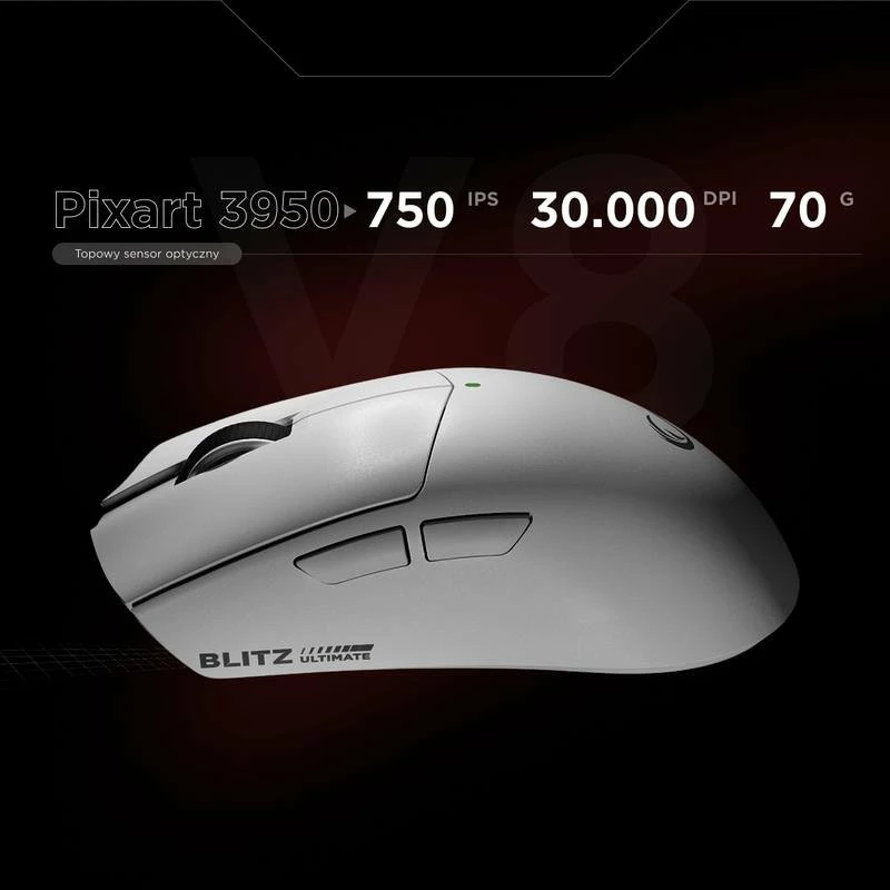 Maus Rampage Blitz Ultimate BLITZ-WHITE 30000 DPI 8000 Hz wireless/USB-C i bardhë set me receiver 8K + kabllo 1.6 m