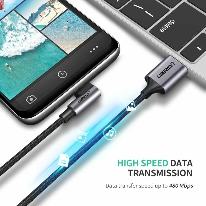 Kabllo USB-A 2.0 në USB-C me kënd UGREEN 50941 1 m, QC 3A, Polybag, e zezë/gri