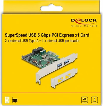 Kartelë PCIe DeLOCK USB 3.2 Gen 1, 2x USB-A + 1x 19-pin internal, Low Profile, argjend