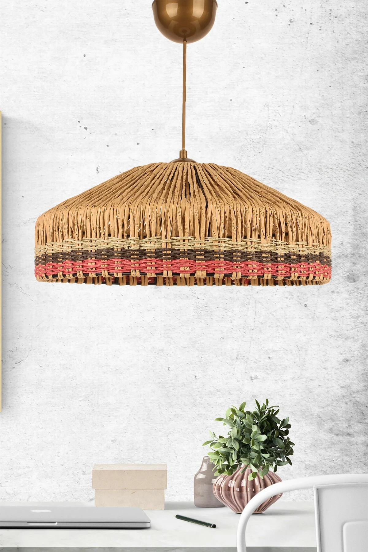 Llambë tavani Opviq, BK025, trup metalik, kapak makrame, ngjyrë ecru