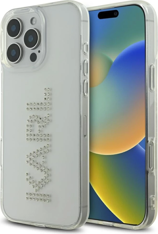 Mbështjellës Karl Lagerfeld IML Rhinestones Logo për iPhone 16 Pro, Transparent