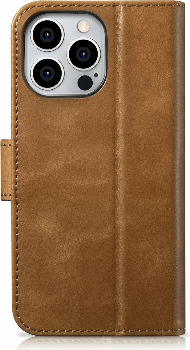 Mbështjellës iCarer Oil Wax Wallet Case 2in1 për iPhone 14 Pro, lëkurë natyrale, Anti-RFID, Kafe