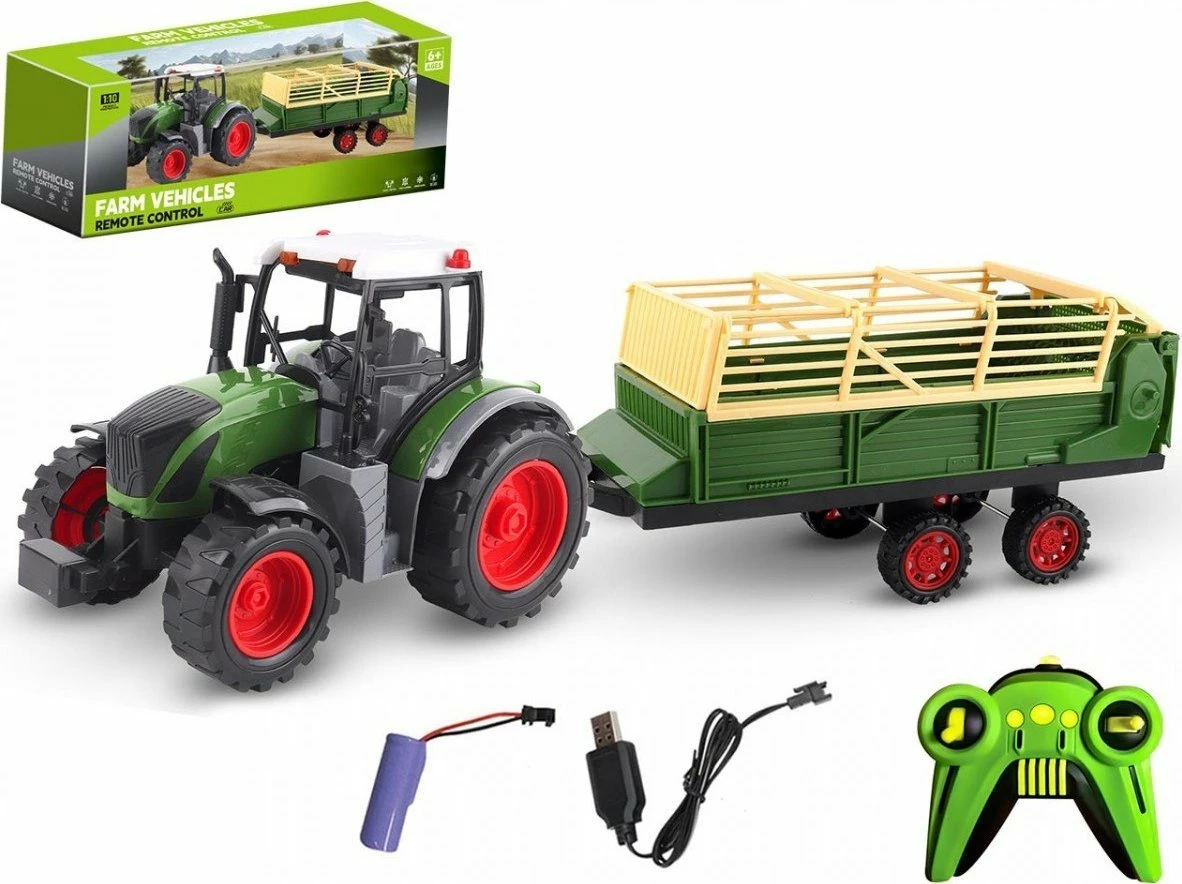 Traktor me telekomandë Madej 1:10 me rimorkio, karikim USB, jeshil