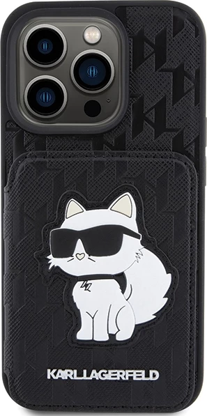 Mbështjellës Karl Lagerfeld Saffiano Cardslots & Stand Monogram Choupette për iPhone 15 Pro Max, i zi