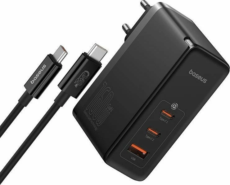 Karikues rrjeti Baseus GaN5 Pro CCGANG160CE 160W 2xUSB-C + USB-A me kabllo USB-C në USB-C 1m, i zi