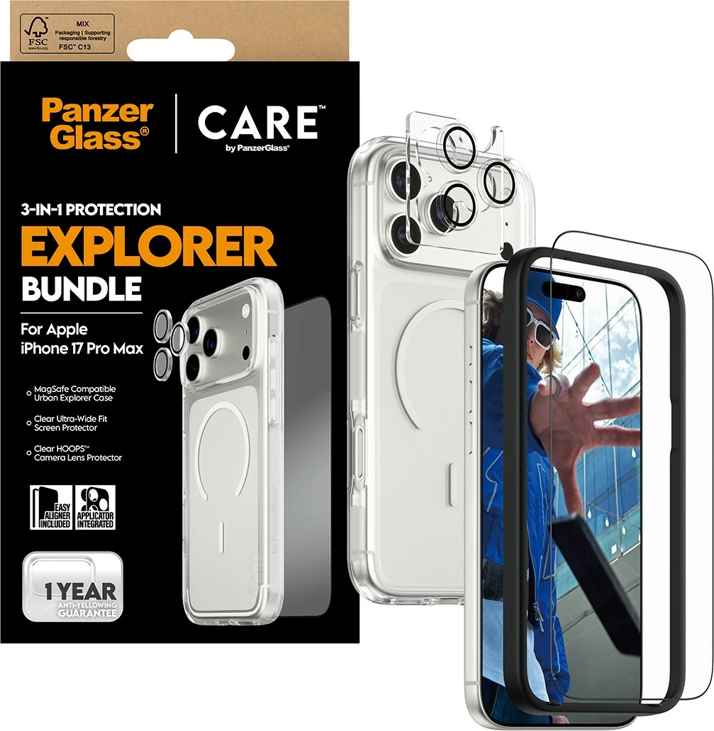Mbështjellës PanzerGlass CARE 3-in-1 Flagship Explorer Bundle për iPhone 17 Pro Max, transparent