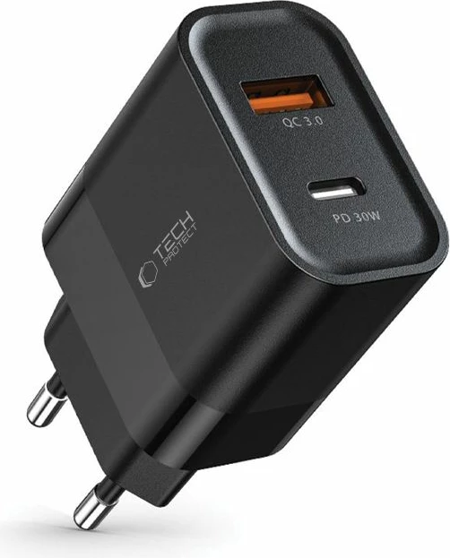 Karikues prizës Tech-Protect C30W, 30W, 2 porta USB-C & USB-A, i zi